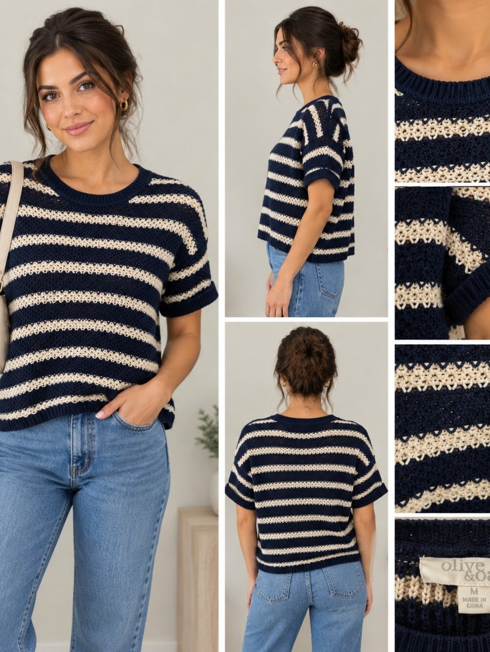 Olive & Oak Womens Navy and Cream Knit Top- Size MEDIUM